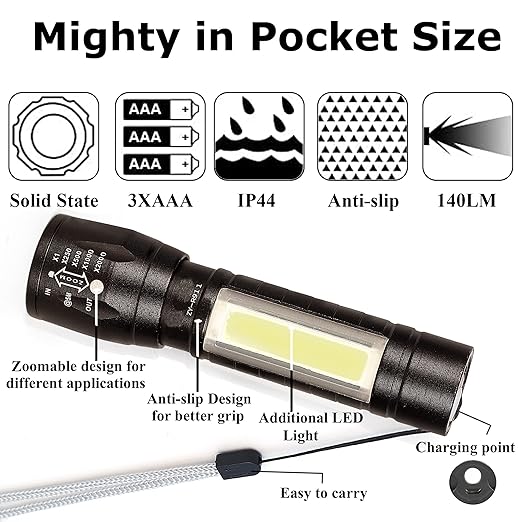 High Quality LED Flashlight Torch with Mini LED COB Lights Portable Torch Light USB Rechargeable 3 Modes, Ultra-Light & Easy to Carry Design Large Reflector, for Everyday Use Emergency Light
