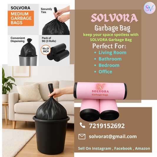 Solvora Garbage Bags – Strong & Leak-Proof Dustbin Bags for Home & Office | Medium | 90 Count | 30 Bags X 3 Rolls | For Wet Waste | Black