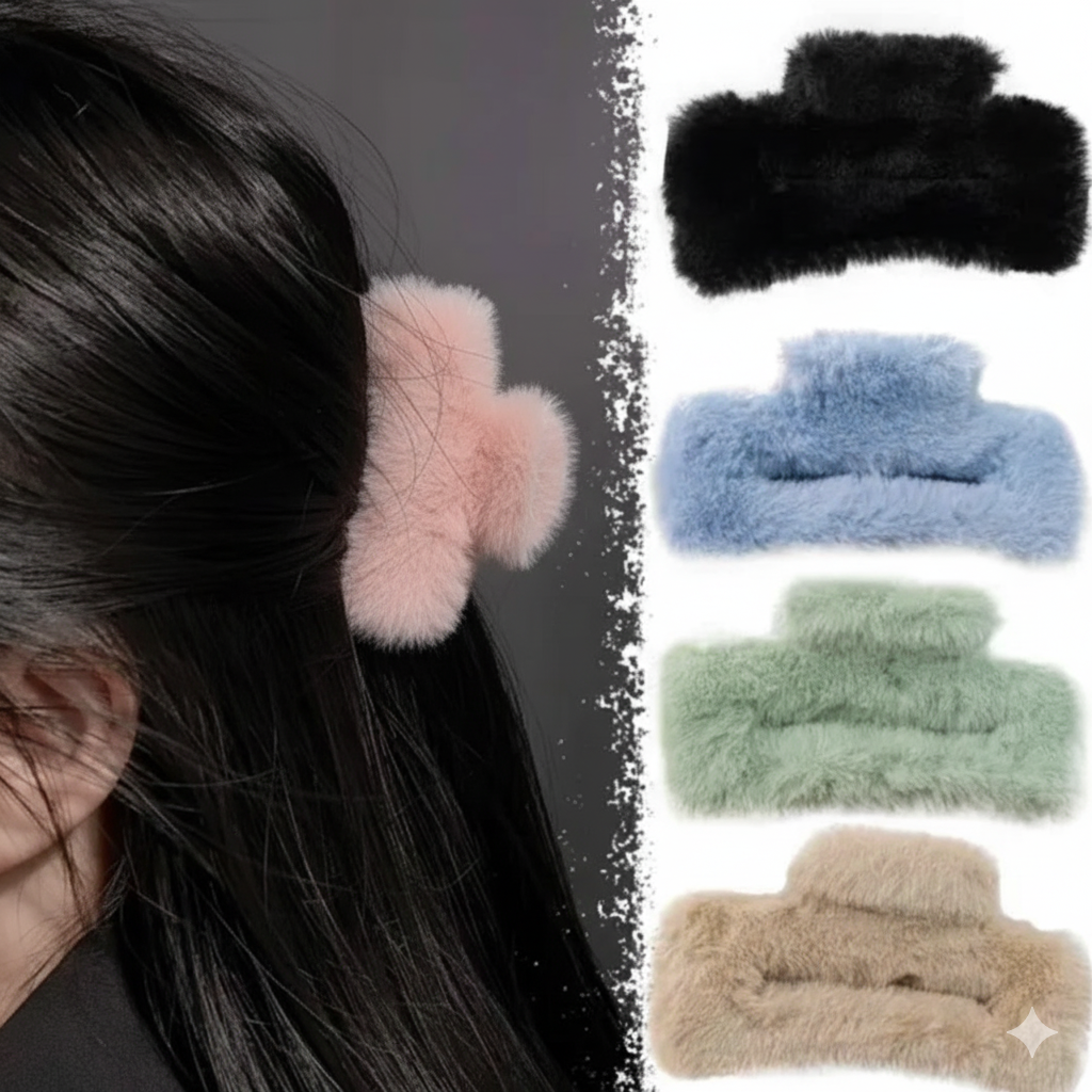 Luxurious 6 pcs Fur Clutchers For Women & Girls | Claw Clip Set For Women- Furry Clutcher For Hair | Long Fur Hair Clips (Random Color)