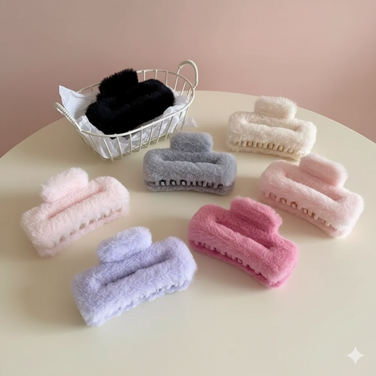 Luxurious 6 pcs Fur Clutchers For Women & Girls | Claw Clip Set For Women- Furry Clutcher For Hair | Long Fur Hair Clips (Random Color)