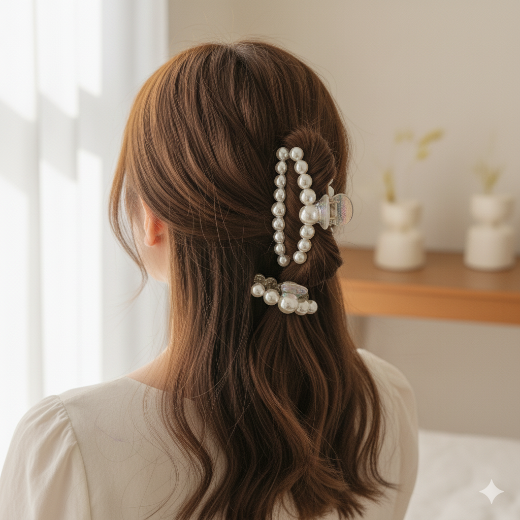Pearl Hair Clips for Women & Girls - Korean Clutcher Clutches Claw Clip Accessories - Sparkling Pearl Design, Stylish, Fashional (set of 6 pieces))