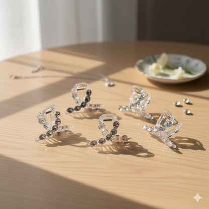 Acrylic Mini Butterfly Hair Claw Clips | Accent Jaw Clips with Gray Rhinestones(Set of 6 )